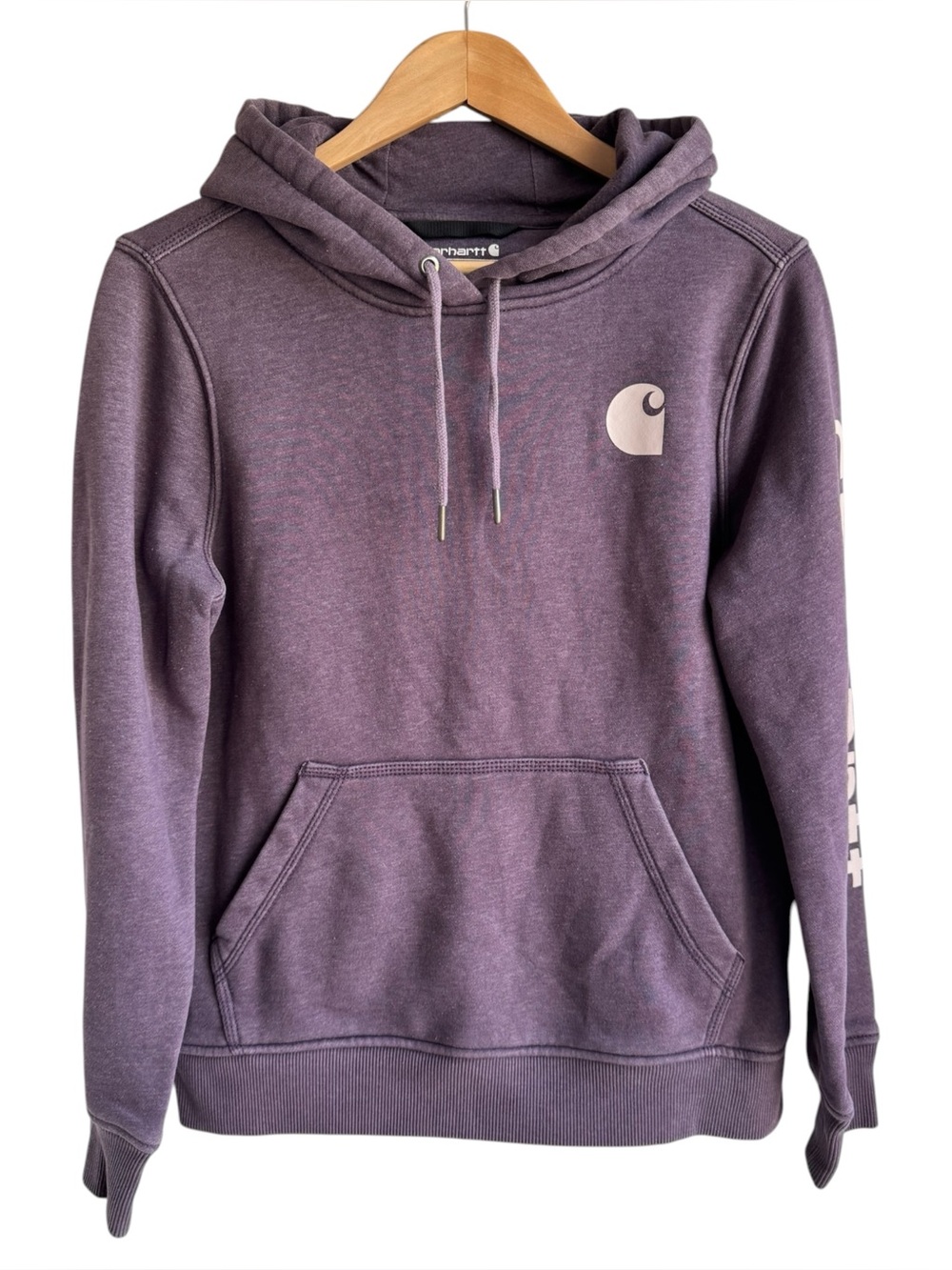 Carhartt Relaxed Fit Hoodie Womens Small Purple Hooded Sweatshirt Spell Out Logo